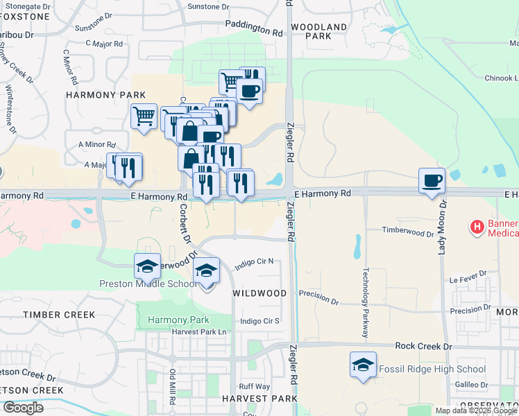 map of restaurants, bars, coffee shops, grocery stores, and more near 3003 East Harmony Road in Fort Collins