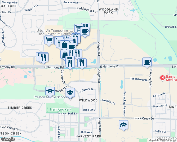 map of restaurants, bars, coffee shops, grocery stores, and more near 3003 East Harmony Road in Fort Collins