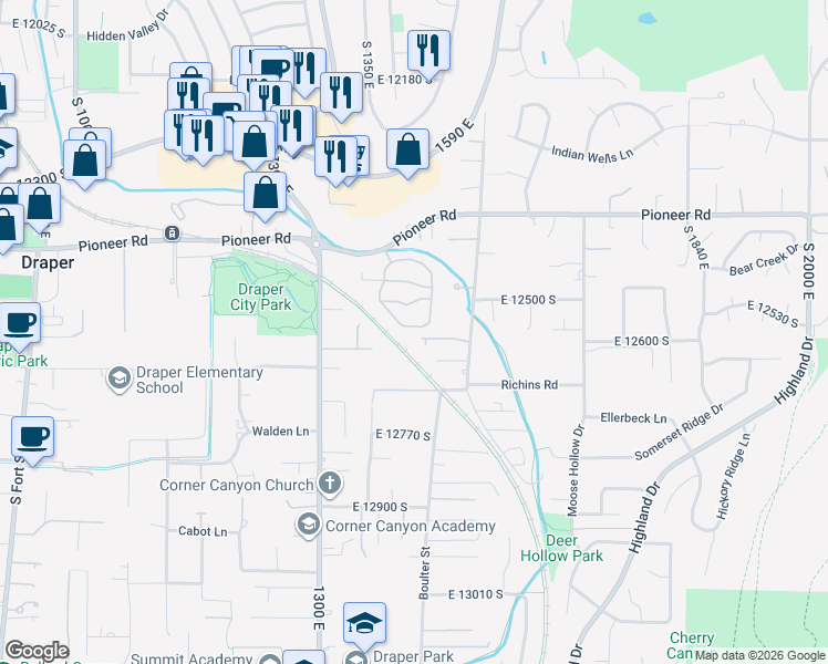 map of restaurants, bars, coffee shops, grocery stores, and more near 1448 Blacksmith Lane in Draper