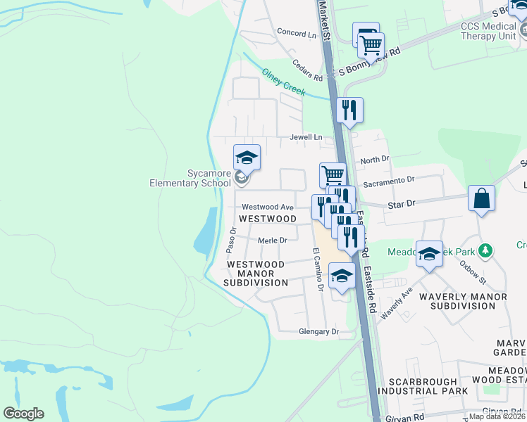 map of restaurants, bars, coffee shops, grocery stores, and more near 1985 Westwood Avenue in Redding