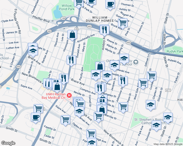 map of restaurants, bars, coffee shops, grocery stores, and more near 652 Cornell Street in Perth Amboy