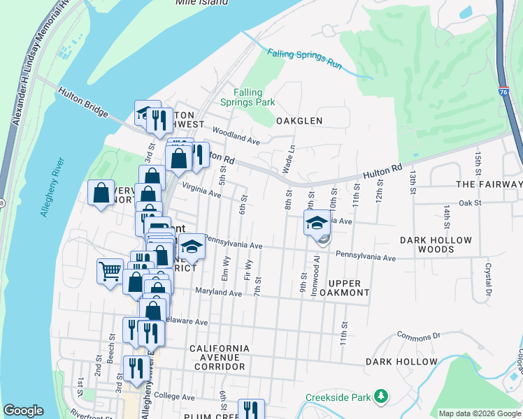 map of restaurants, bars, coffee shops, grocery stores, and more near 754 6th Street in Oakmont