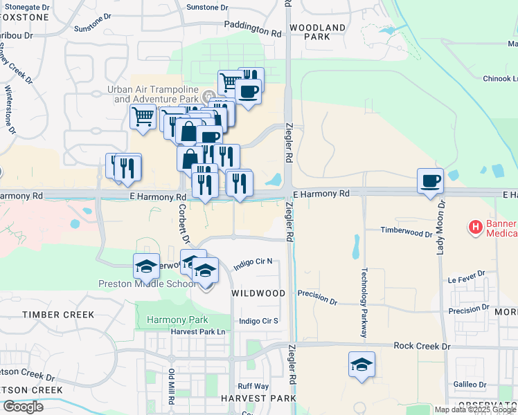 map of restaurants, bars, coffee shops, grocery stores, and more near 3003 East Harmony Road in Fort Collins