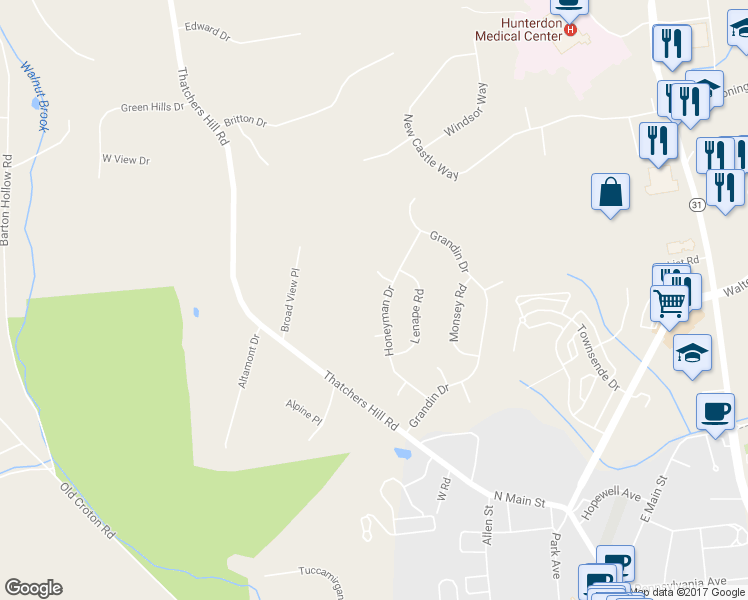 map of restaurants, bars, coffee shops, grocery stores, and more near 27 Honeyman Drive in Flemington