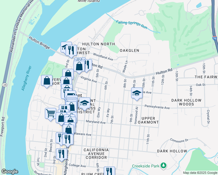 map of restaurants, bars, coffee shops, grocery stores, and more near 600 Virginia Avenue in Oakmont