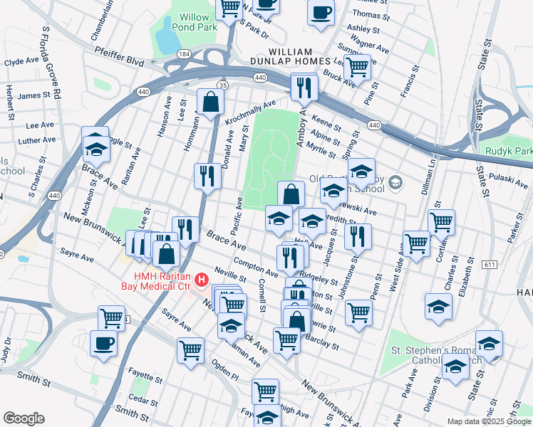 map of restaurants, bars, coffee shops, grocery stores, and more near 652 Cornell Street in Perth Amboy