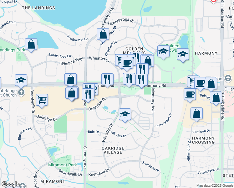 map of restaurants, bars, coffee shops, grocery stores, and more near 1336 Oakridge Drive in Fort Collins