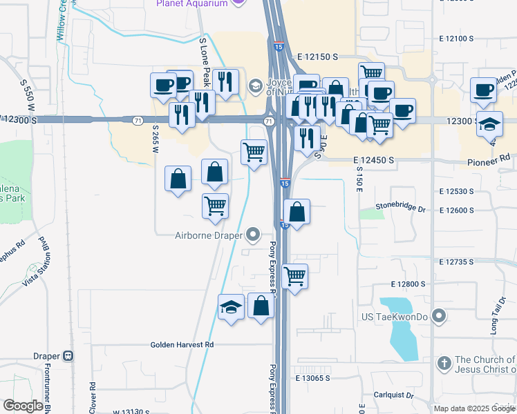 map of restaurants, bars, coffee shops, grocery stores, and more near 12580 Pony Express Road in Draper