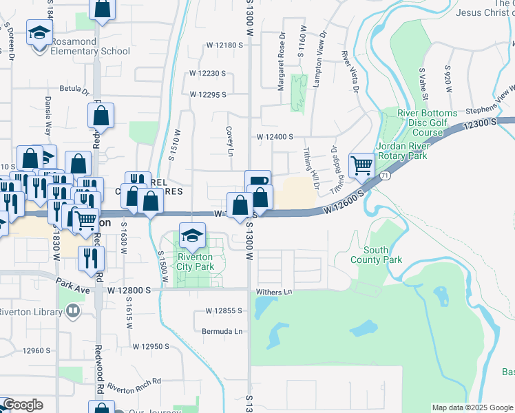 map of restaurants, bars, coffee shops, grocery stores, and more near 1287w West 12600 South in Riverton