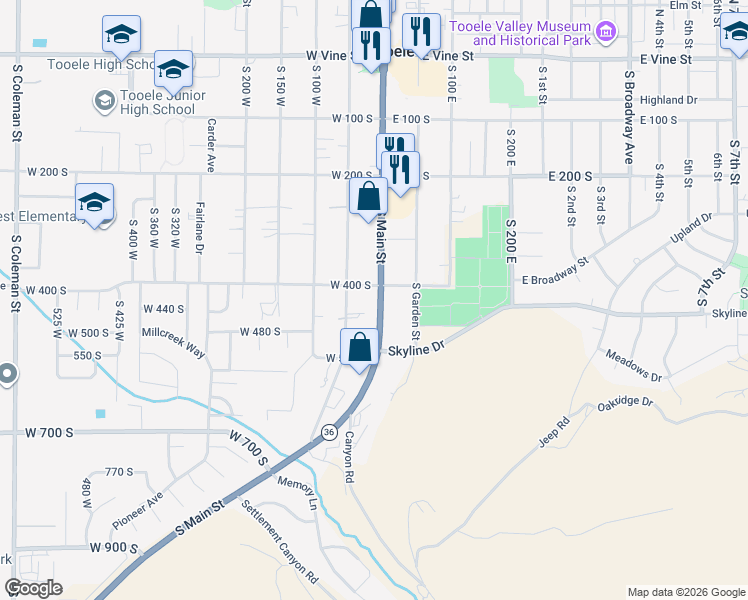 map of restaurants, bars, coffee shops, grocery stores, and more near 422 South Main Street in Tooele