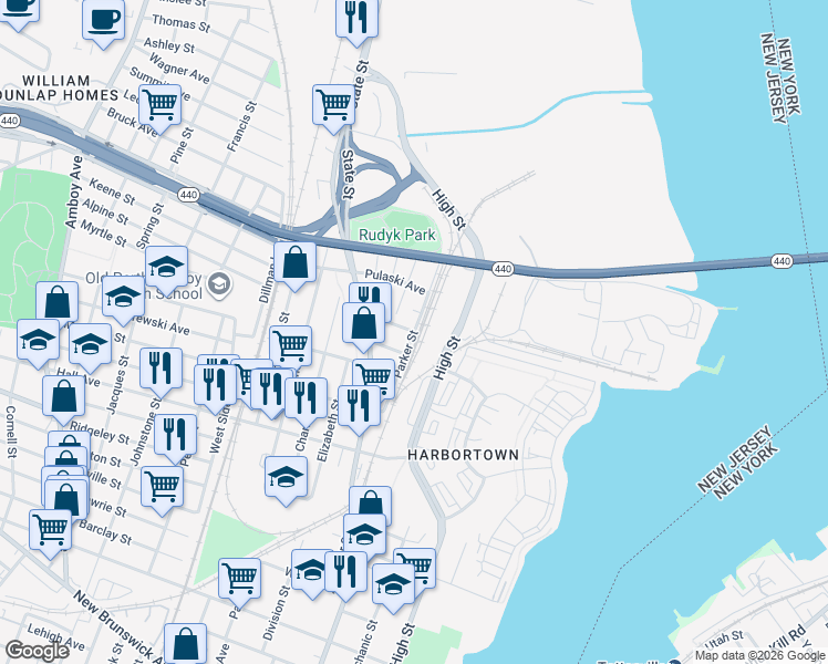 map of restaurants, bars, coffee shops, grocery stores, and more near 733 Parker Street in Perth Amboy