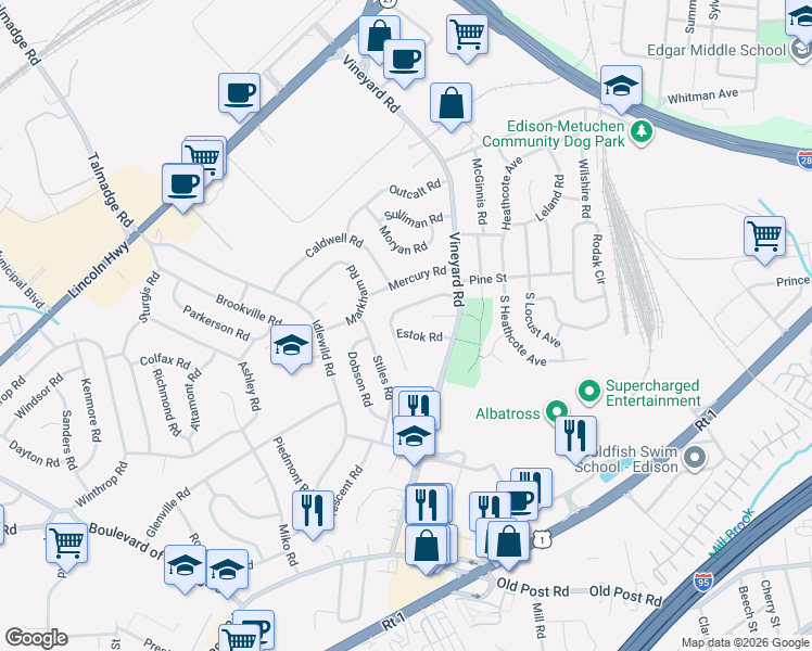 map of restaurants, bars, coffee shops, grocery stores, and more near 11 Estok Road in Edison