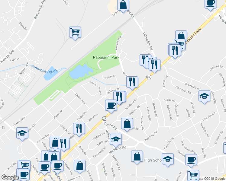 map of restaurants, bars, coffee shops, grocery stores, and more near 115 Orlando Street in Edison