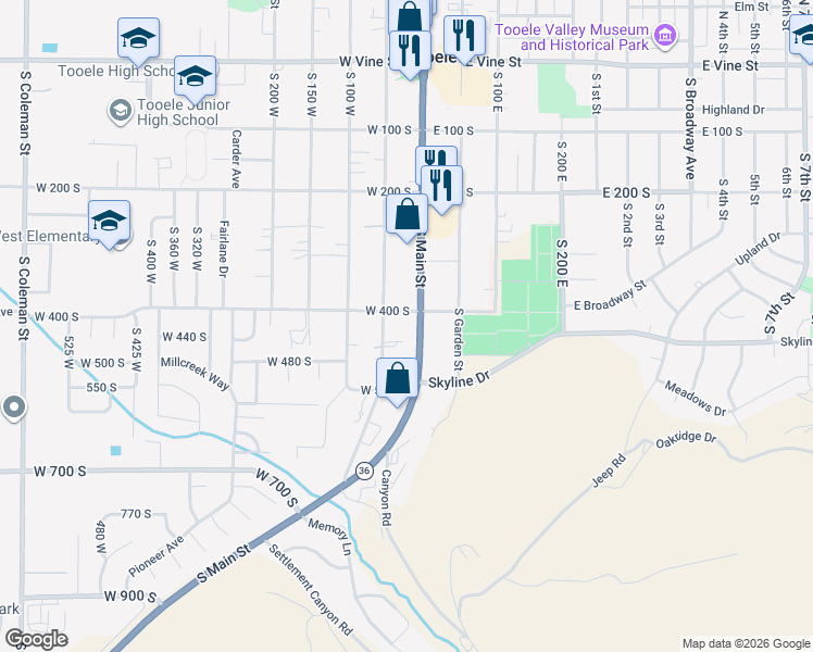 map of restaurants, bars, coffee shops, grocery stores, and more near 422 South Main Street in Tooele