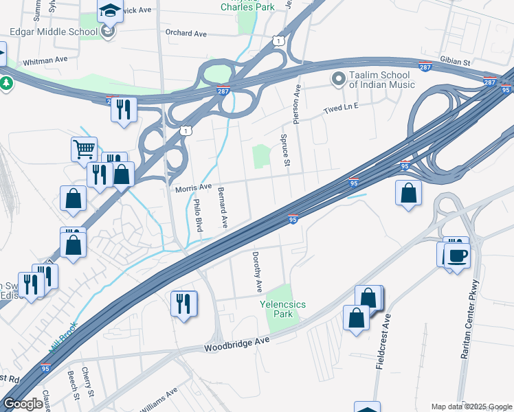 map of restaurants, bars, coffee shops, grocery stores, and more near 97 Howard Avenue in Edison