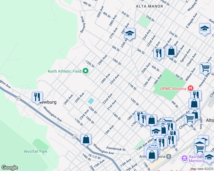 map of restaurants, bars, coffee shops, grocery stores, and more near 1216 23rd Avenue in Altoona