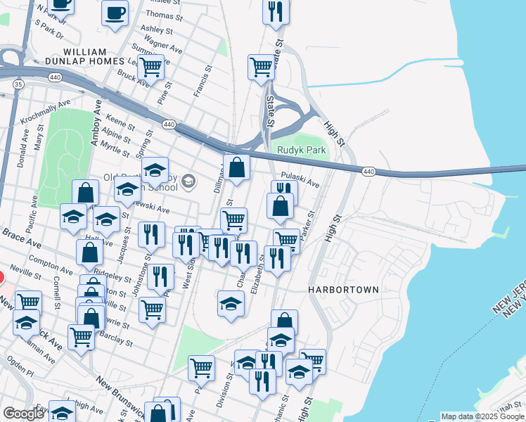 map of restaurants, bars, coffee shops, grocery stores, and more near 724 Charles Street in Perth Amboy