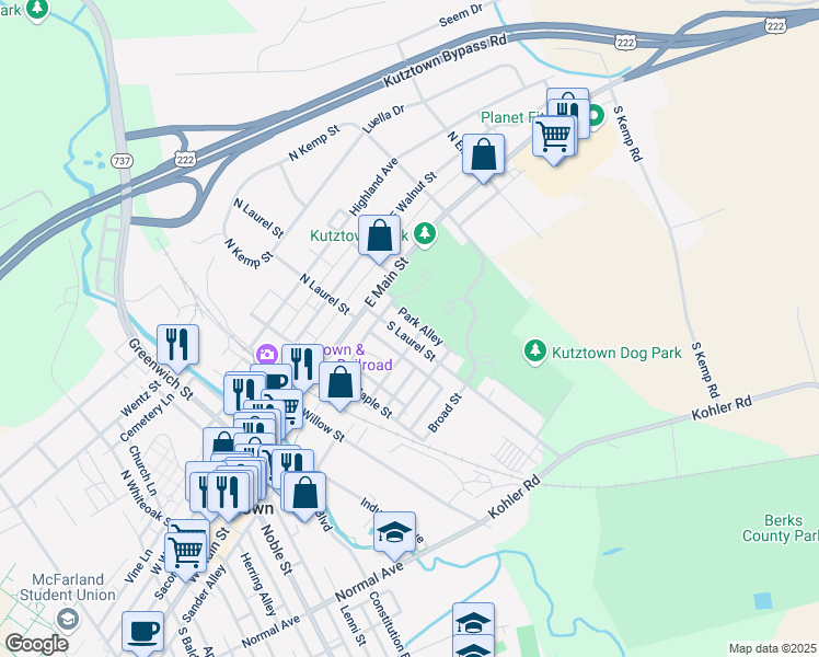 map of restaurants, bars, coffee shops, grocery stores, and more near 40 South Laurel Street in Kutztown