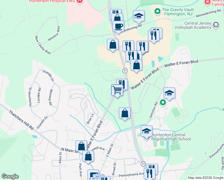 map of restaurants, bars, coffee shops, grocery stores, and more near 4 Walter E Foran Boulevard in Flemington