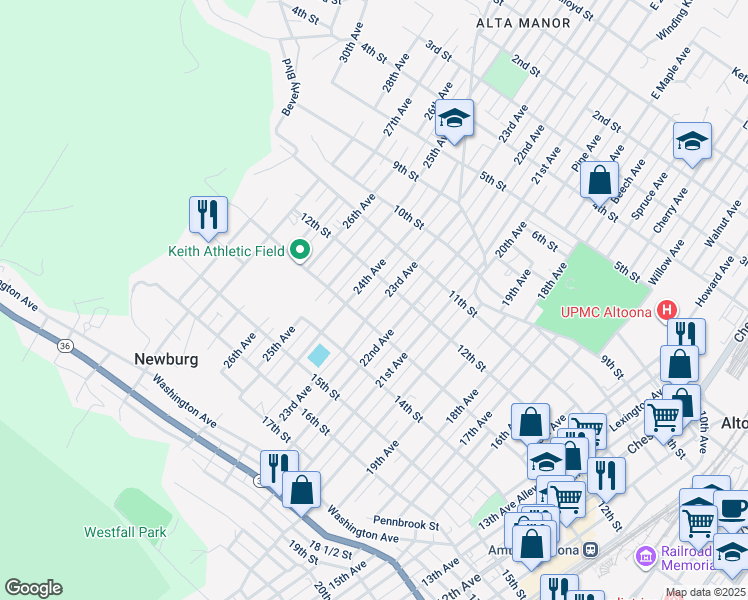 map of restaurants, bars, coffee shops, grocery stores, and more near 1216 23rd Avenue in Altoona