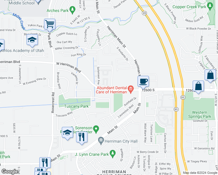 map of restaurants, bars, coffee shops, grocery stores, and more near 5223 Terrabithia Lane in Herriman