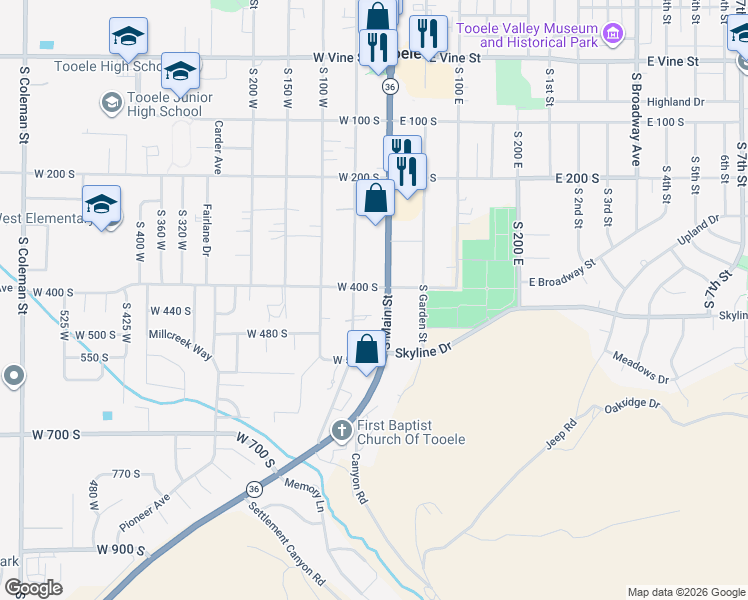 map of restaurants, bars, coffee shops, grocery stores, and more near 422 South Main Street in Tooele