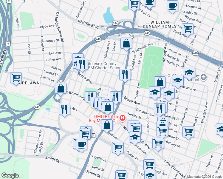 map of restaurants, bars, coffee shops, grocery stores, and more near in Perth Amboy