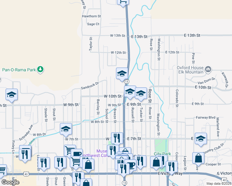 map of restaurants, bars, coffee shops, grocery stores, and more near 1089 Breeze Street in Craig