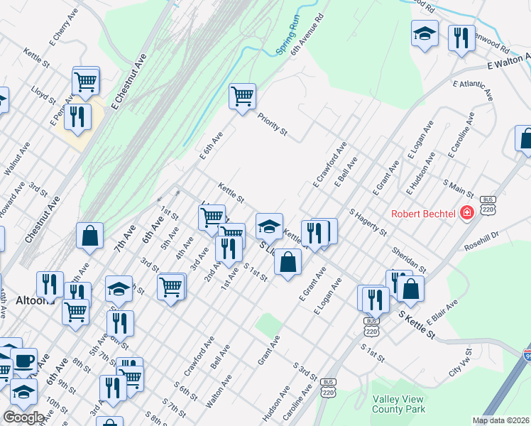 map of restaurants, bars, coffee shops, grocery stores, and more near 106-08 Kettle St in Altoona