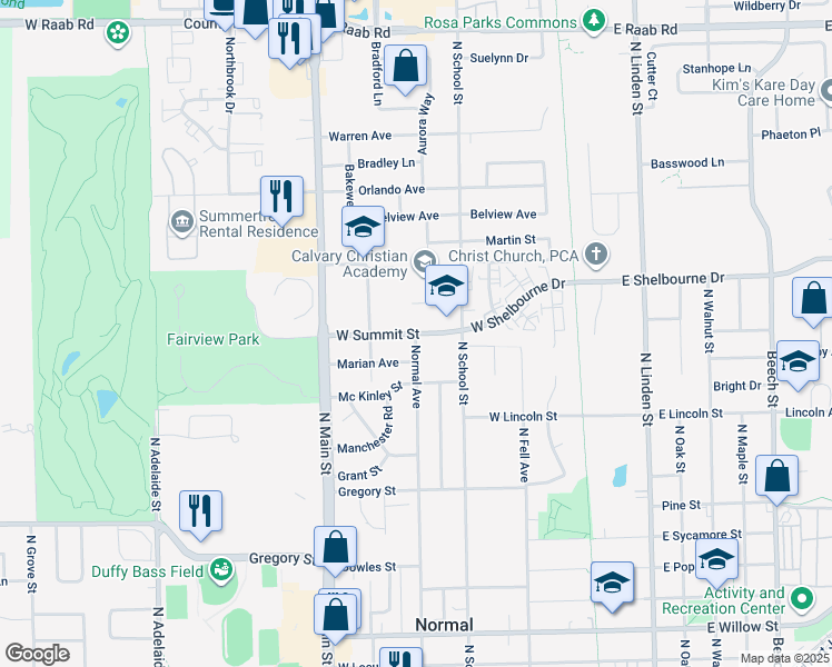 map of restaurants, bars, coffee shops, grocery stores, and more near 1114 Normal Avenue in Normal
