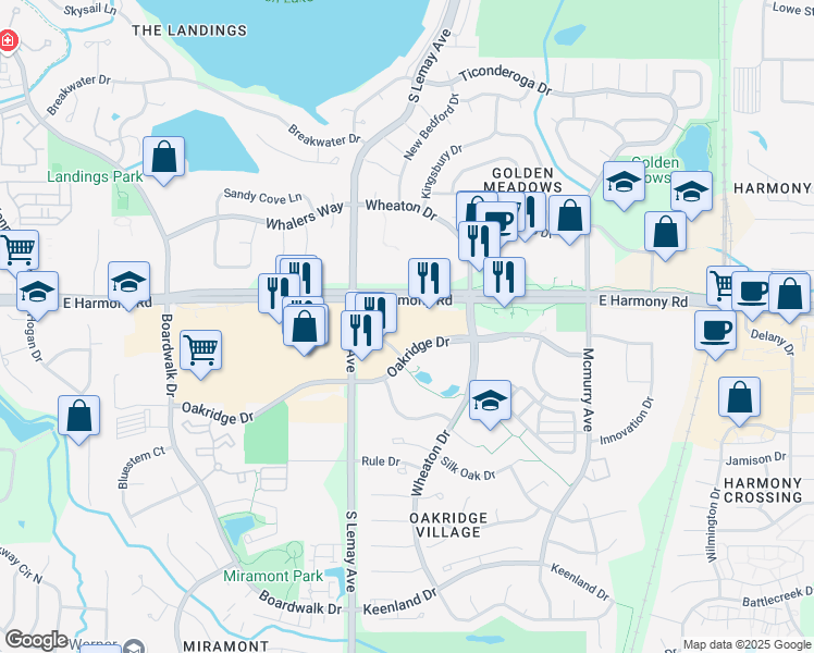 map of restaurants, bars, coffee shops, grocery stores, and more near 1200 Oakridge Drive in Fort Collins