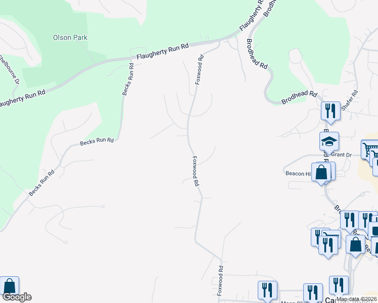 map of restaurants, bars, coffee shops, grocery stores, and more near 232 Foxwood Road in Coraopolis