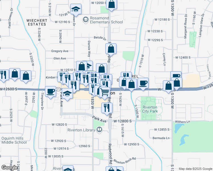 map of restaurants, bars, coffee shops, grocery stores, and more near 12598 South Redwood Road in Riverton