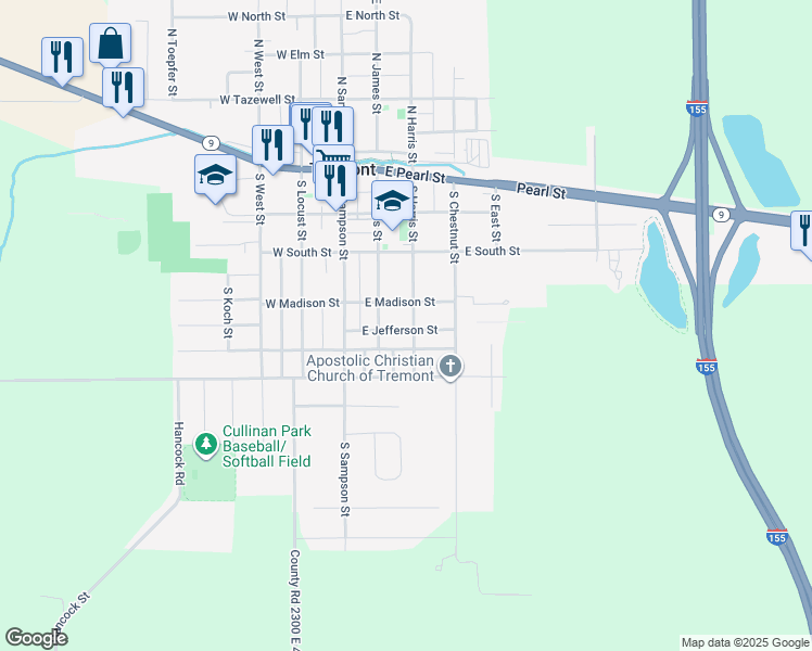 map of restaurants, bars, coffee shops, grocery stores, and more near 417 South Harris Street in Tremont