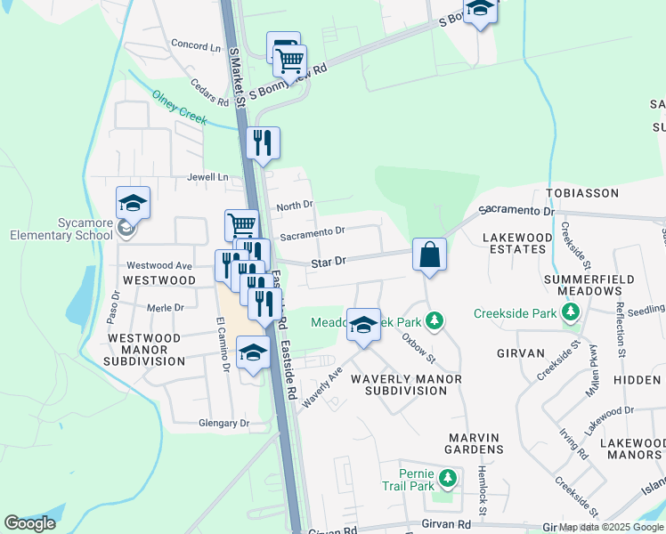 map of restaurants, bars, coffee shops, grocery stores, and more near 2461 Star Drive in Redding