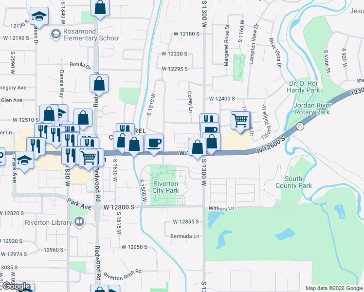 map of restaurants, bars, coffee shops, grocery stores, and more near 1383 Bridal Veil Drive in Riverton