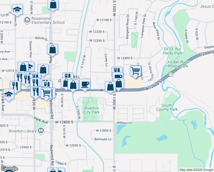 map of restaurants, bars, coffee shops, grocery stores, and more near 1346 West 12600 South in Riverton