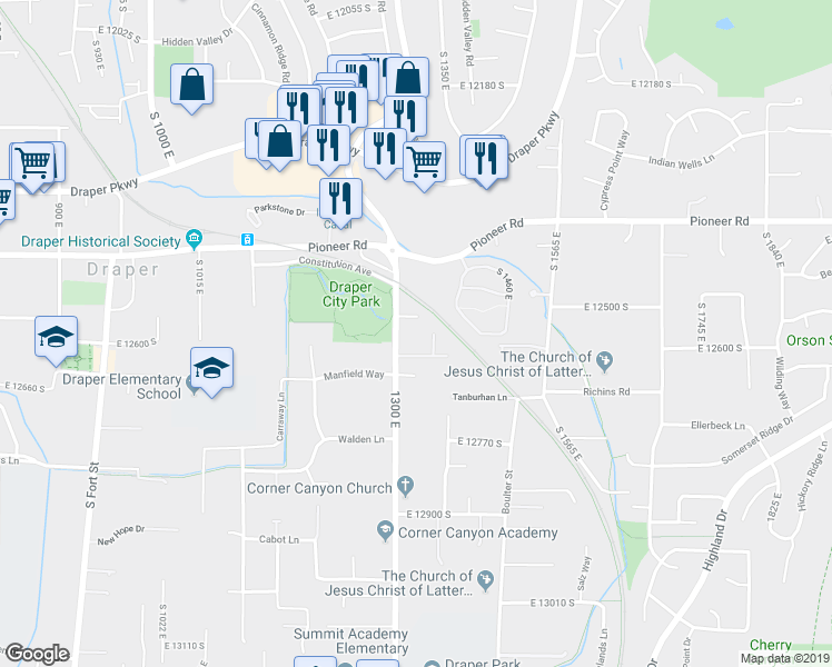 map of restaurants, bars, coffee shops, grocery stores, and more near 12543 South 1300 East in Draper