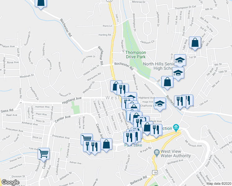 map of restaurants, bars, coffee shops, grocery stores, and more near 531 Perry Highway in West View