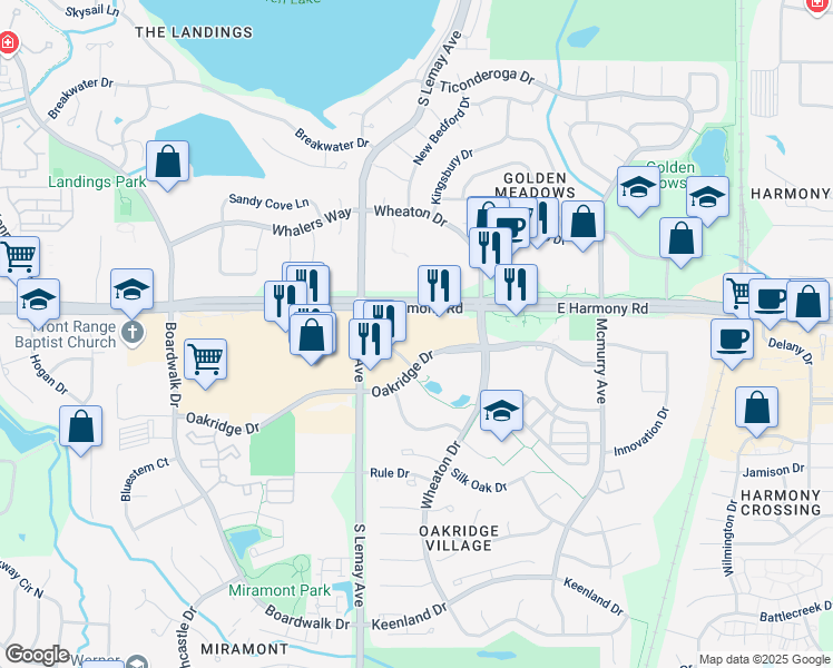 map of restaurants, bars, coffee shops, grocery stores, and more near 1200 Oakridge Drive in Fort Collins