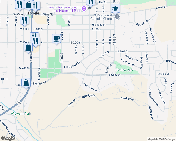 map of restaurants, bars, coffee shops, grocery stores, and more near 256 Upland Drive in Tooele
