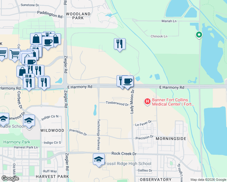 map of restaurants, bars, coffee shops, grocery stores, and more near 3491 East Harmony Road in Fort Collins