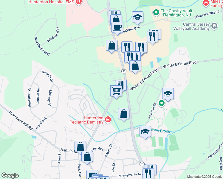 map of restaurants, bars, coffee shops, grocery stores, and more near 4 Walter E Foran Boulevard in Flemington