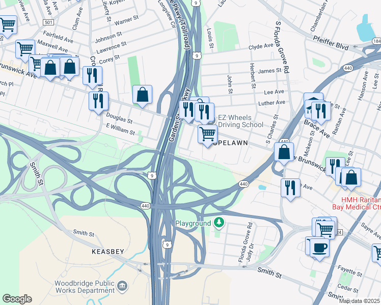 map of restaurants, bars, coffee shops, grocery stores, and more near 175 Quincy Court in Perth Amboy