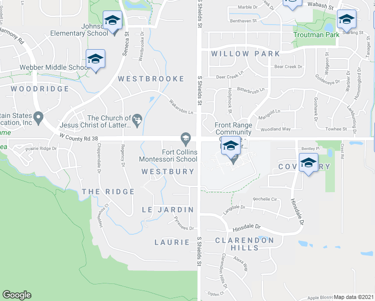 map of restaurants, bars, coffee shops, grocery stores, and more near 1109 West Harmony Road in Fort Collins