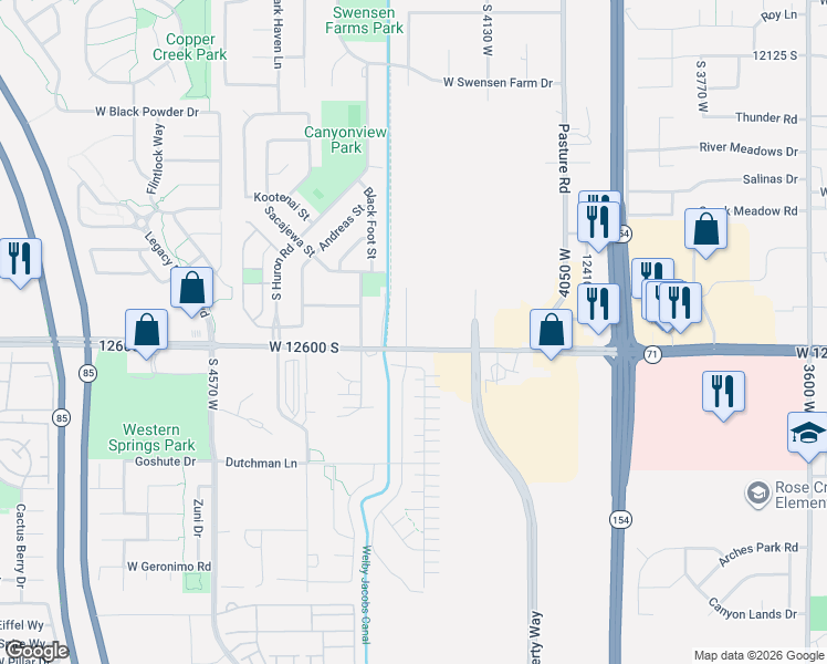 map of restaurants, bars, coffee shops, grocery stores, and more near 4200 West 12600 South in Riverton