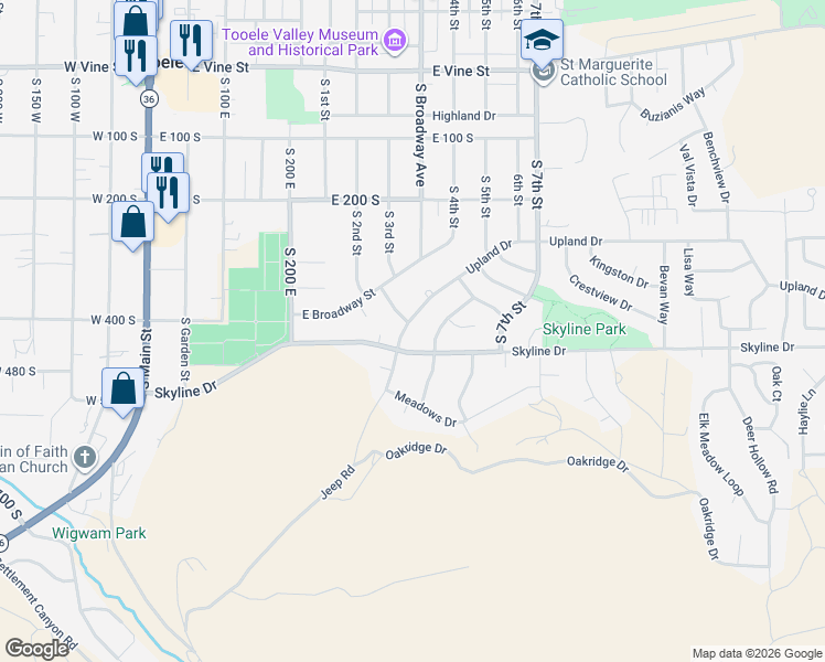 map of restaurants, bars, coffee shops, grocery stores, and more near 274 Upland Drive in Tooele