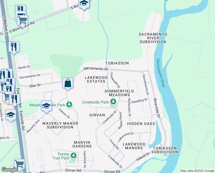 map of restaurants, bars, coffee shops, grocery stores, and more near 6577 Lucerne Court in Redding