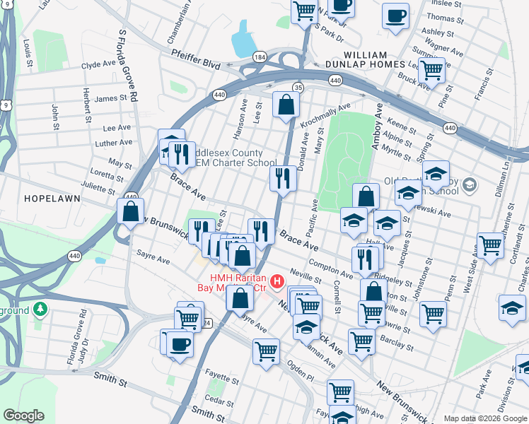 map of restaurants, bars, coffee shops, grocery stores, and more near 530 Brace Avenue in Perth Amboy