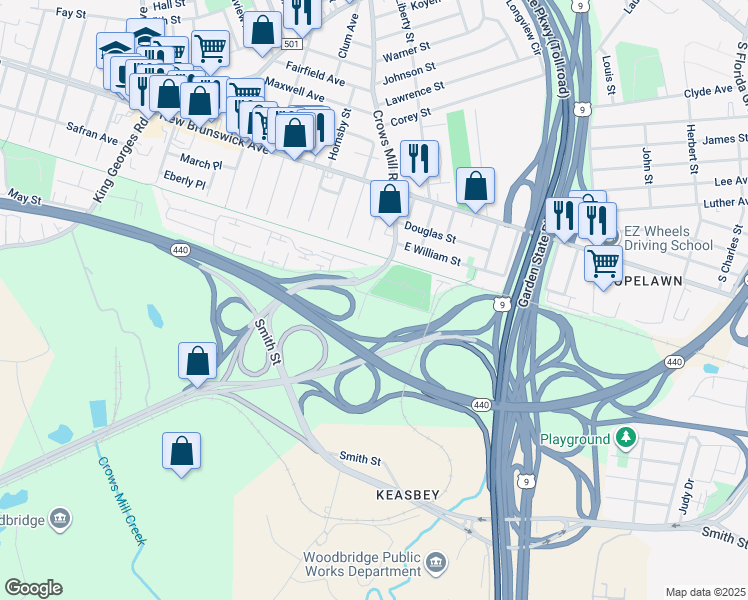 map of restaurants, bars, coffee shops, grocery stores, and more near 266 Crows Mill Road in Woodbridge Township